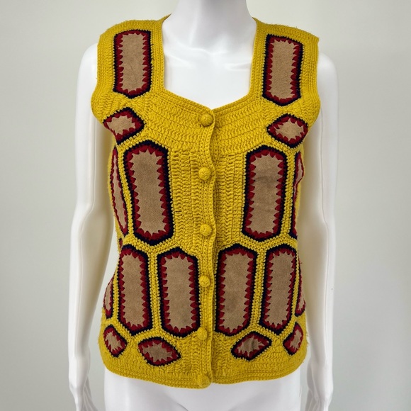 Sweaters - Vintage Yellow Suede Crochet Vest | Sz: S/M